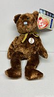 Front view of Ty Champion Series brown bear with tag, ribbon, chest button and flag patch visible