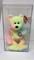 Front view of B.B. Birthday Bear in display case showing pastel tie-dye colors, badge and swing tag