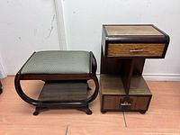 Nightstand and stool side by side showing style, size and finish
