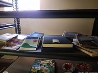 Shelf with multiple books and magazines visible