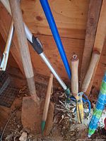 Group of garden tools leaning in shed corner
