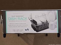 Front of packaging showing dish rack image and specs