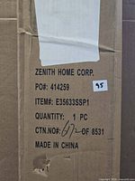 Close view of shipping box showing Zenith Home Corp. item information and model number