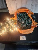 All six strands of green-wire clear-bulb outdoor lights partially illuminated