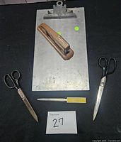 Full lot: clipboard, stapler, two scissors, letter opener