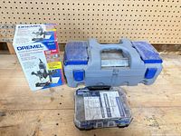 Overall lot with Dremel case, boxed router attachment, Mastercraft accessory case