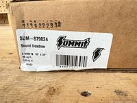 Close-up of Summit label on box showing model SUM-879024, quantity, sheet size, and coverage