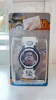 Front view of packaged Star Wars Stormtrooper digital watch in sealed blister