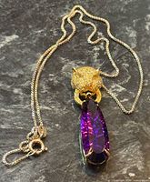 Full view of necklace laid out showing chain, clasp, pendant front