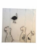 Front view of square mixed media artwork showing figures and bird