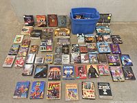 Overhead view of entire collection spread out with storage tote