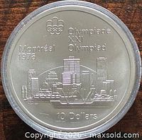 Reverse showing Montréal skyline, Olympic logo, denomination