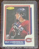 Front of 1986-87 O-Pee-Chee Guy Carbonneau card in sleeve