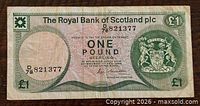 Obverse of 1986 Royal Bank of Scotland £1 note showing serial and coat of arms