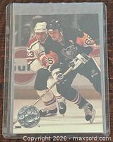 Front of 1991 Pro Set Platinum Performer #91 Mario Lemieux card in sleeve