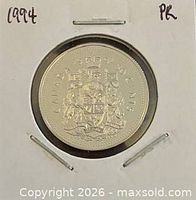 Reverse of 1994 Canada 50-cent proof coin showing Canadian coat of arms