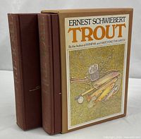 Two brown cloth volumes beside illustrated slipcase