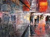 Close view of artwork detail showing Times Square scene with crowd, umbrellas and reflections