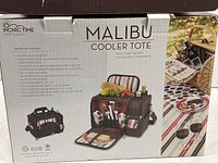 Retail box front showing Picnic Time Malibu Cooler Tote set and feature list