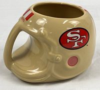 left side view of helmet mug showing SF logo and facemask handle