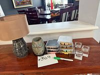 Full lot showing lamp, owl burner, seven wax melts packs, three glass tealight holders