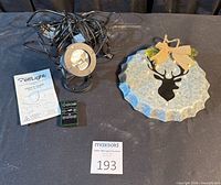 Overall lot showing projector with cables, remote, manual and LED deer plaque