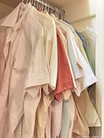 Row of light-coloured short sleeve shirts on hangers