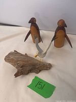 Overall lot with two wooden penguins and driftwood seagull sculpture