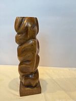 Full view of abstract wood sculpture front perspective