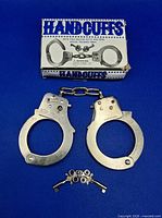 Handcuffs, keys, and box front displayed on blue background
