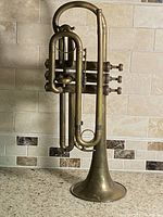 Front view of brass cornet showing valves and bell