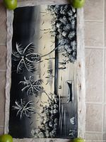 Entire unframed canvas showing full tropical scene and raw edges