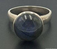 Front view of sterling silver ring with labradorite cabochon