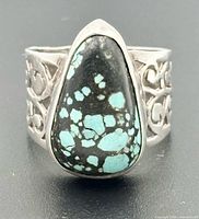 Front view of ring showing pear-shaped turquoise and scroll band
