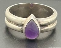 Front view of sterling silver ring with amethyst cabochon, hallmark 925 visible