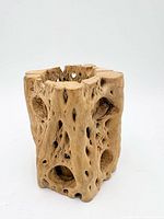 Front/side view of the carved cottonwood bark sculpture showing porous texture and carved facial features