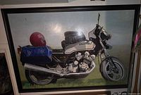 Full view of framed acrylic painting of Honda motorcycle