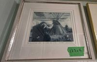 Full view of framed etching showing artwork, matting and frame