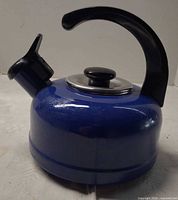 Side view showing blue enamel body, black handle and spout cover