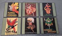 All six 12" square beverage advertising prints laid out
