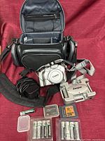 Full contents laid out: camera, bag, charger, batteries, cables, memory cards