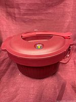 Steamer front view showing lid, vent, locking handle, ribbed bowl