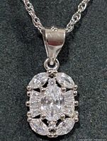 Close-up of pendant showing CZ stone arrangement and silver setting