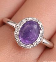 Ring on finger showing amethyst and CZ halo
