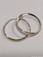 pair of silver-tone hoop earrings front view showing textured edges