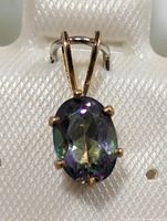Front view of mystic topaz pendant showing stone and prong setting