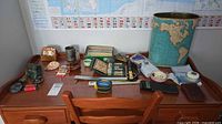 Desk surface showing assortment of collectibles