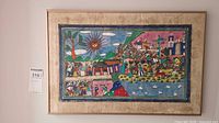 Full view of framed folk art print on wall