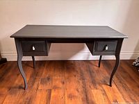 Front view of charcoal grey Edland desk showing two drawers and cabriole legs
