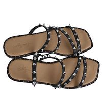 Top view of pair showing studs, straps, square toe and tan footbeds